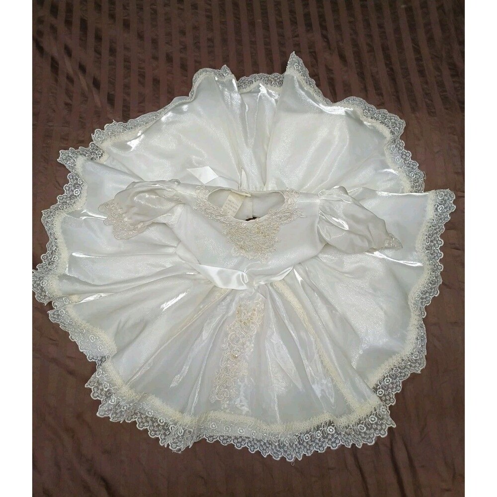 Vtg pageant Party Wedding Dress Full Circle White Lace Pearls Sz 4